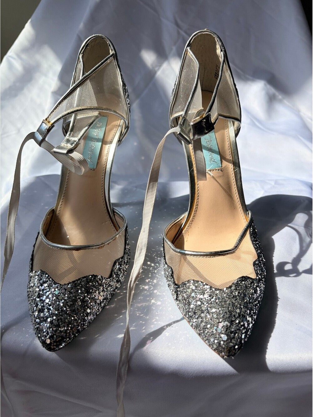 Blue by Betsey Johnson Stela Glitter Heels Silver Mesh Ankle Tie Prom Pumps 8.5
